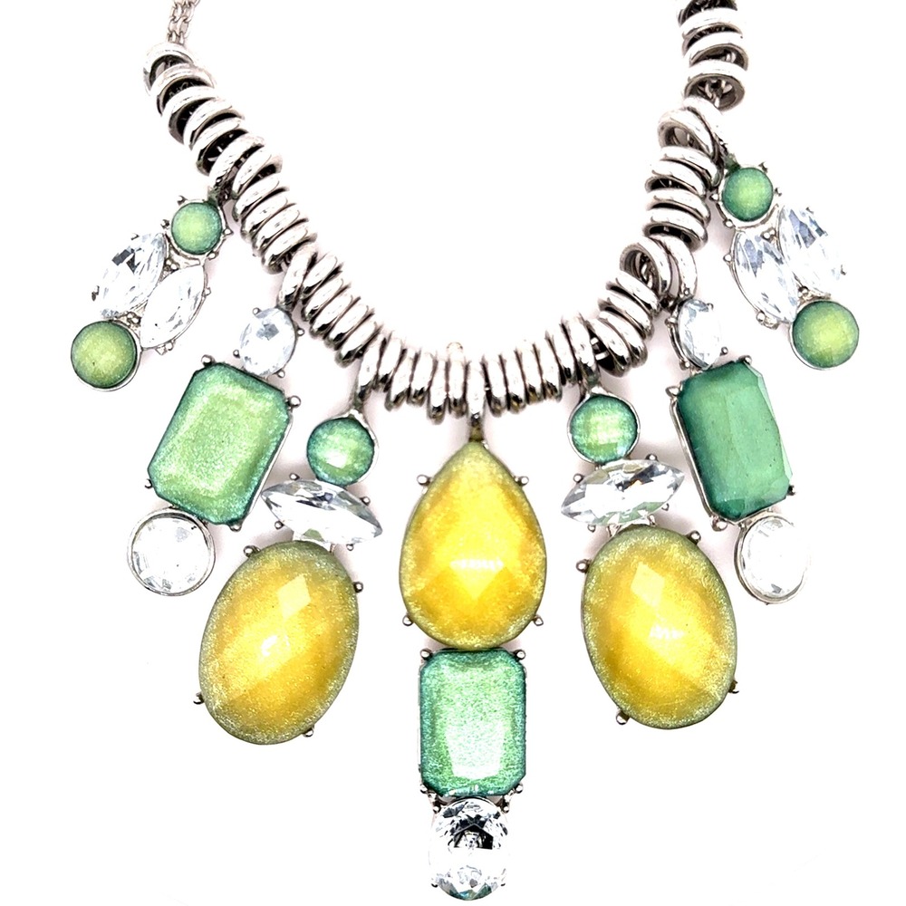Silver Tone Green Yellow Resin Stone Crystal Bib Statement Necklace 17.5-20in